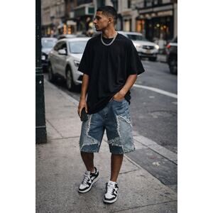 ROMWE Men’s Distressed Patchwork Denim Shorts Size 32 NWT | Y2K Streetwear